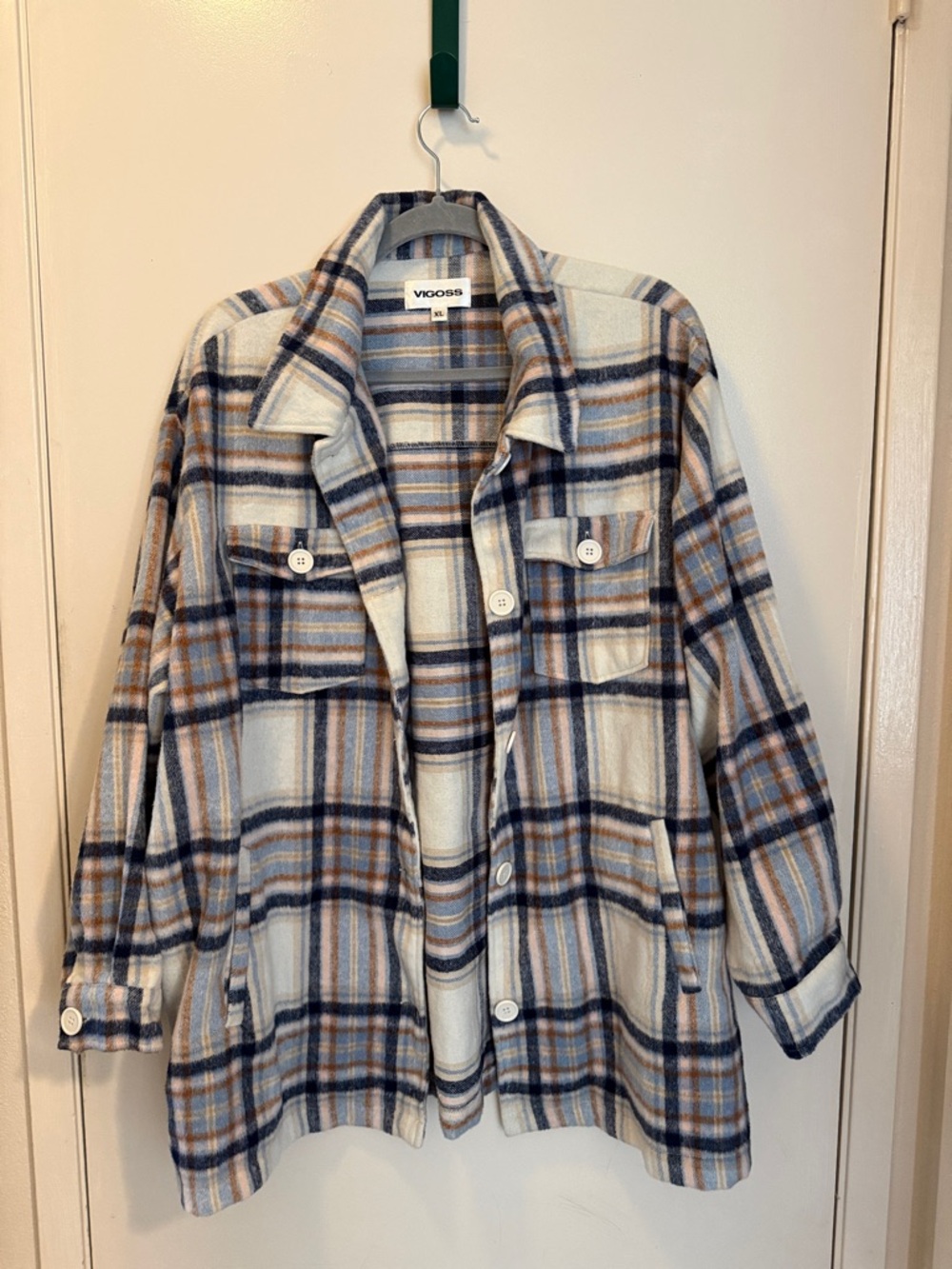 Vigoss Plaid Button-Front Utility Shacket in Cream, Blue & Tan